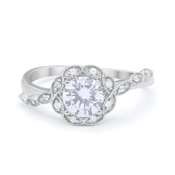 Art Deco Engagement Ring Round Simulated CZ 925 Sterling Silver
